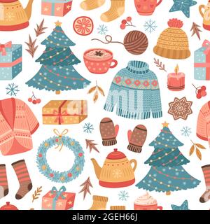 Cozy christmas pattern. Winter gift, mug drink scandinavian holiday. Creative xmas decoration, doodle mittens sweets vector seamless texture Stock Vector