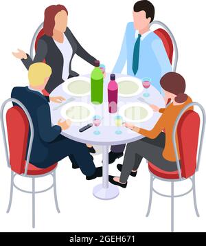 Business meeting. Collegues in cafe, work lunch. Isometric man woman eating drinking and communicate. Teamwork or corporate festive vector Stock Vector