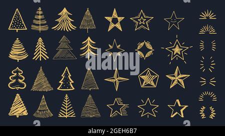 Christmas decorations pack. Doodle xmas tree, stars and burst. Decorative holiday new year vector elements for cards, background invitations Stock Vector