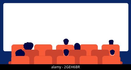 People watching movie. Cinema audience, cartoon person sitting back. Man woman in theater and empty screen, crowd rear vector illustration Stock Vector