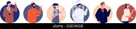 Hotel staff avatars. Hostel team, manager chef maid porter and receptionist. Isolated flat greetings man and woman characters. Hospitality workers Stock Vector