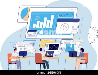 Visual statistics. Data visualization, creative office people and digital dashboard. Business technology, working programmers vector concept Stock Vector