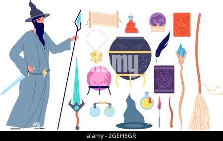 Magic tools. Magical alchemy book, wizard character, crystal witch broom potion bottle. Male mystery person, magician vector illustration Stock Vector