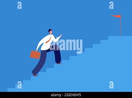 Career goal. Man running stairs, successful path in business. Run up staircase, manager going to target step by step vector illustration Stock Vector