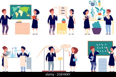 Kids school lesson. Children study, boy girl in uniform. Happy smart students, cartoon chemistry experiment, geography studying vector set Stock Vector