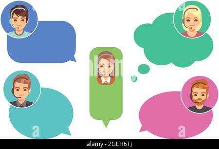Call center operators. Support avatars, online help service. Cute cartoon girl boy in speech bubbles vector illustration Stock Vector