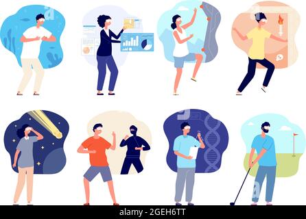 Vr glasses entertainment. Play equipment, people in headset fun leisure. Augmented reality, isolated flat teenager digital games vector set Stock Vector