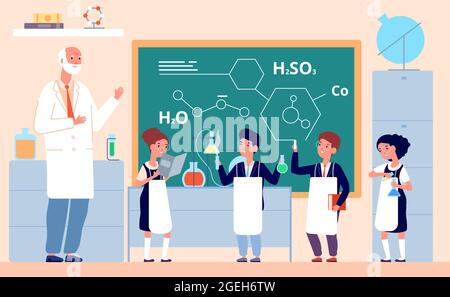 Kids chemistry lab. School science laboratory, children in class chalkboard. Scientific experiment, cartoon smart girl vector illustration Stock Vector