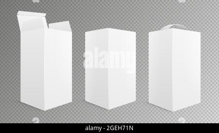 Realistic box mockup. Open closed package, take away pack with handle. Isolated white empty cardboard 3d boxes vector illustration Stock Vector