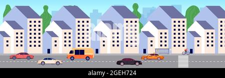 Modern city street. Urban district, new buildings area. Apartment houses, bus stop and cars. Urbanization vector illustration Stock Vector