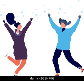 People enjoy snow. Man woman jumping snowfall, flat happy winter characters. Season activity in cold weather vector illustration Stock Vector