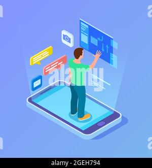 Modern business technologies. Remote connecting, isometric man work with multimedia service. Mail or social network, news posting or content making Stock Vector