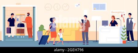 Hospitality. Hotel hostel reception. Manager receptionist and waiter greetings new travellers. Porter and guest in elevator. Cute team and tourists in Stock Vector