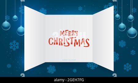 Advent calendar window. Christmas present open doors, december xmas gift template. New year festive paper invitation card mockup. Blue winter Stock Vector