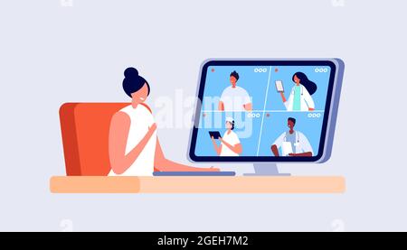 Medical online conference. Doctor video consult, videocall hospital staff. Technology healthcare service, telemedicine vector illustration Stock Vector