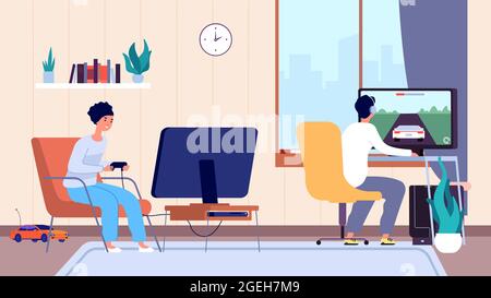 Gamers at room. Couple play video games, digital entertainment addiction. Stay home, man woman spend time fun vector illustration Stock Vector