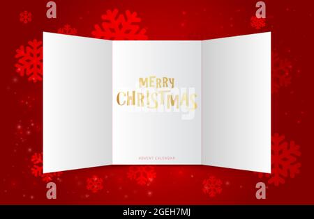 Christmas calendar doors. Advent window, xmas festive present. Blank paper open card or invitation. Red winter New Year background with snowflakes Stock Vector