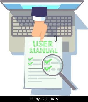 Online user guide. Web manual, hand from laptop screen holding instruction or info. Flat computer with booklet, client service vector illustration Stock Vector