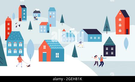 Winter urban landscape. Christmas vacations, holiday season in city. Tiny people skating on lake walking dog. Cute suburb houses on snowy hills vector Stock Vector
