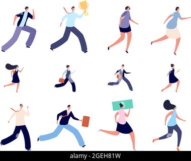 Business people run. Active hurry person, hurried kid student characters. Isolated running office person, runner to work or study vector set Stock Vector