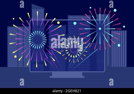 New year city firework. Online festival, downtown night fireworks tv screen. Buildings landscapes, asian celebration broadcast vector concept Stock Vector