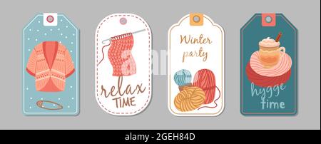 Autumn winter season labels. Knitting hobby, hygge time banners. Wool cardigan, latte or cacao cup vector stickers template Stock Vector