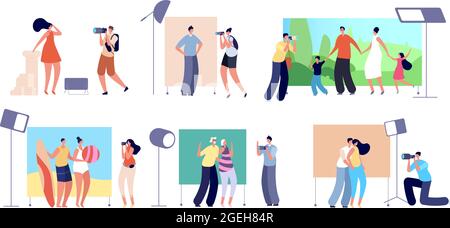 Studio photo session. Professional photography business, people and photographer. Style family, beauty model photoshoot vector illustration Stock Vector