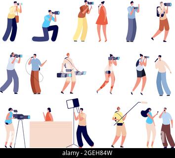 Journalists characters. Interview, woman talking tv camera. Isolated cameraman photographer, creative news makers working vector illustration Stock Vector