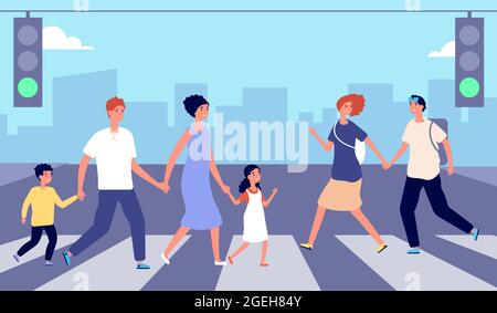 People on crosswalk. Person traffic, pedestrian crowd city street. Man woman cross road on green light, urban lifestyle vector illustration Stock Vector