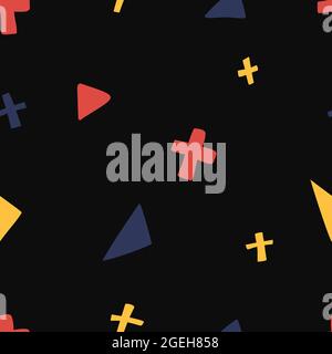 Bright triangles, Plus signs and Crosses psychedelic seamless hand drawn pattern. Geometric random Vector pattern for textile, design elements. Stock Vector
