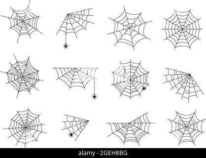 Spider webs. Black halloween cobweb, horror web with spiders. Abstract spooky tattoo, isolated corner nature gossamer vector illustration Stock Vector