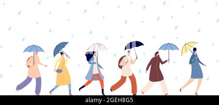 People walking rainy weather. Adult with umbrella, man girl walk on rain. Autumn season water drops, adult person go in storm vector concept Stock Vector