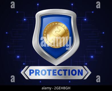 Banking money protection. Golden coin in realistic shield, save your money. Safety of financial investments vector illustration Stock Vector