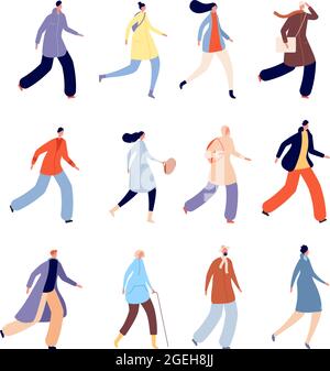 Autumn people. Person in warm clothes, urban male characters dressed outerwear. Isolated flat fall seasonal crowd, man woman walk vector set Stock Vector