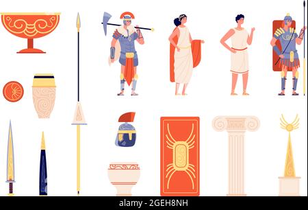 Ancient rome elements. People and weapons, isolated roman empire warrior. Greek amphora, europe historic culture symbols vector illustration Stock Vector