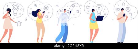 Creative people characters. Man woman holding gadgets, thinking new ideas. Creators and entrepreneurs, isolated adults launch projects vector Stock Vector