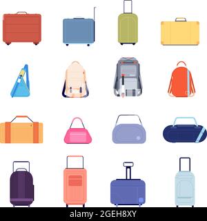 Travel luggage. Vacation suitcase, isolated backpack plastic tour baggage. Vintage flat briefcase bags, holiday business handbag vector set Stock Vector