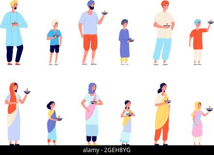 Diwali characters. Happy asian people, fun young indian woman man and children. Traditional festival of india celebrating group vector set Stock Vector