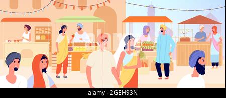 Asian street market. Asia girl, woman shopping on indian or arabic bazaar. Traditional goods marketplace, eastern travel vector illustration Stock Vector