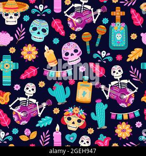 Day of dead seamless pattern. Flower decoration, stylish halloween holiday print. Fashion sugar skull, art mexican skeletons vector texture Stock Vector