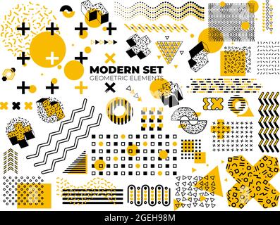 Memphis shapes element. Constructivism funky design, isolated geometric graphic pattern. Retro black art, modern halftone texture vector set Stock Vector
