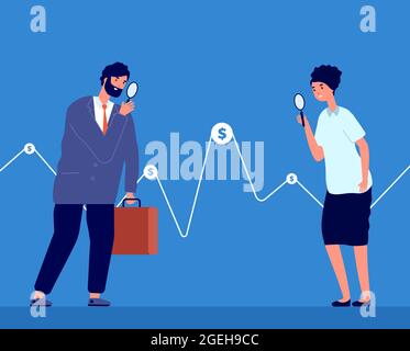 Investment opportunity. People buy money, business investor watch graph. Finance solutions vision or stock exchange traders vector concept Stock Vector