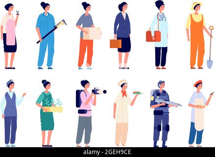 Women in profession. Female group professionals, diverse lady worker characters. Business career, girl plumber military scientist vector set Stock Vector