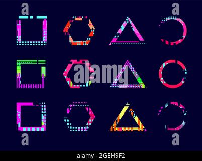 Glitch effect frame. Abstract modern design, neon broken circle triangle shape. Geometric glitched digital texture, destroyed art vector set Stock Vector