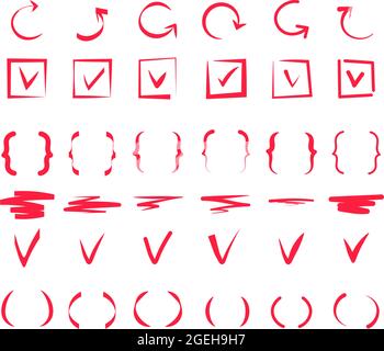 Doodle check marks. Hand drawn lines, red pen tick markings and brackets. Marker drawing scribble positive vote, ok or correct vector signs Stock Vector