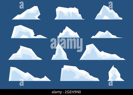 Melting icebergs. Snow arctic bergs, ice north pole cold nature elements. Cartoon winter landscape glacier rocks, frozen mountain vector set Stock Vector