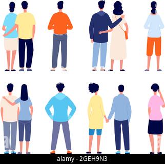 Couple back. Love behavior, isolated couples holding hands and walking. Flat people together backside view, romance walk vector characters Stock Vector