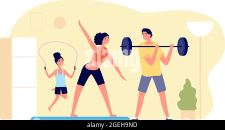 Family sporting at home. Exercise training, sport workout indoor. Woman man kid active morning life, healthy mom father vector illustration Stock Vector