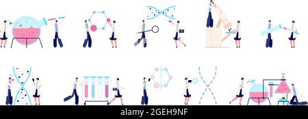 Biochemical laboratory. Colorful scientist, genetic dna research. Bacteria investigation, biological chemical medicine lab test vector set Stock Vector