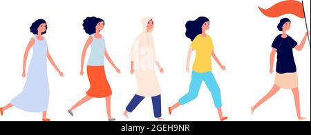 Women empowerment. Strong woman, young female friends support. Feminism or girl power teamwork, group of activists together vector concept Stock Vector